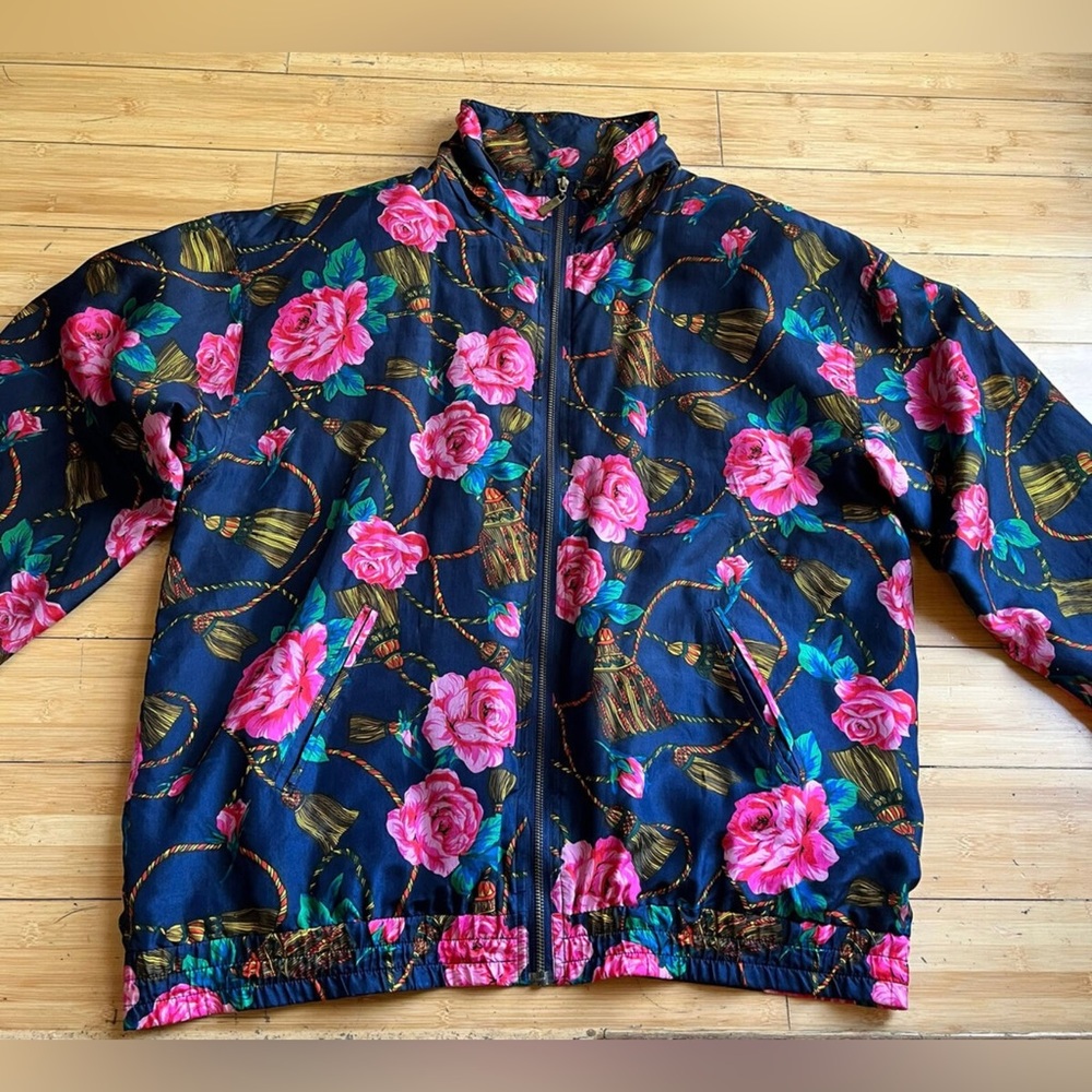 Vintage 100% silk zip jacket pink blue floral windbreaker 90’s rare